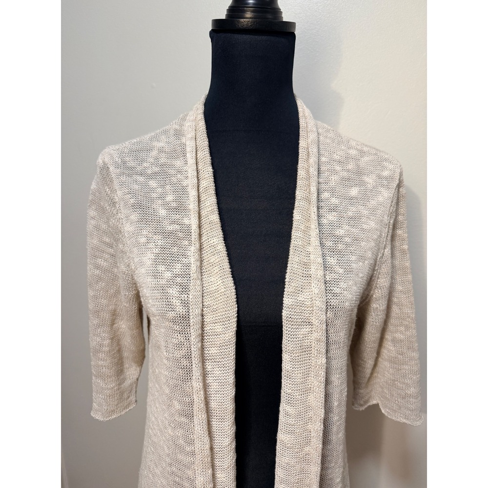 Eileen Fisher Cardigan M Linen Blend Open Front Duster Beige Elbow Sleeve